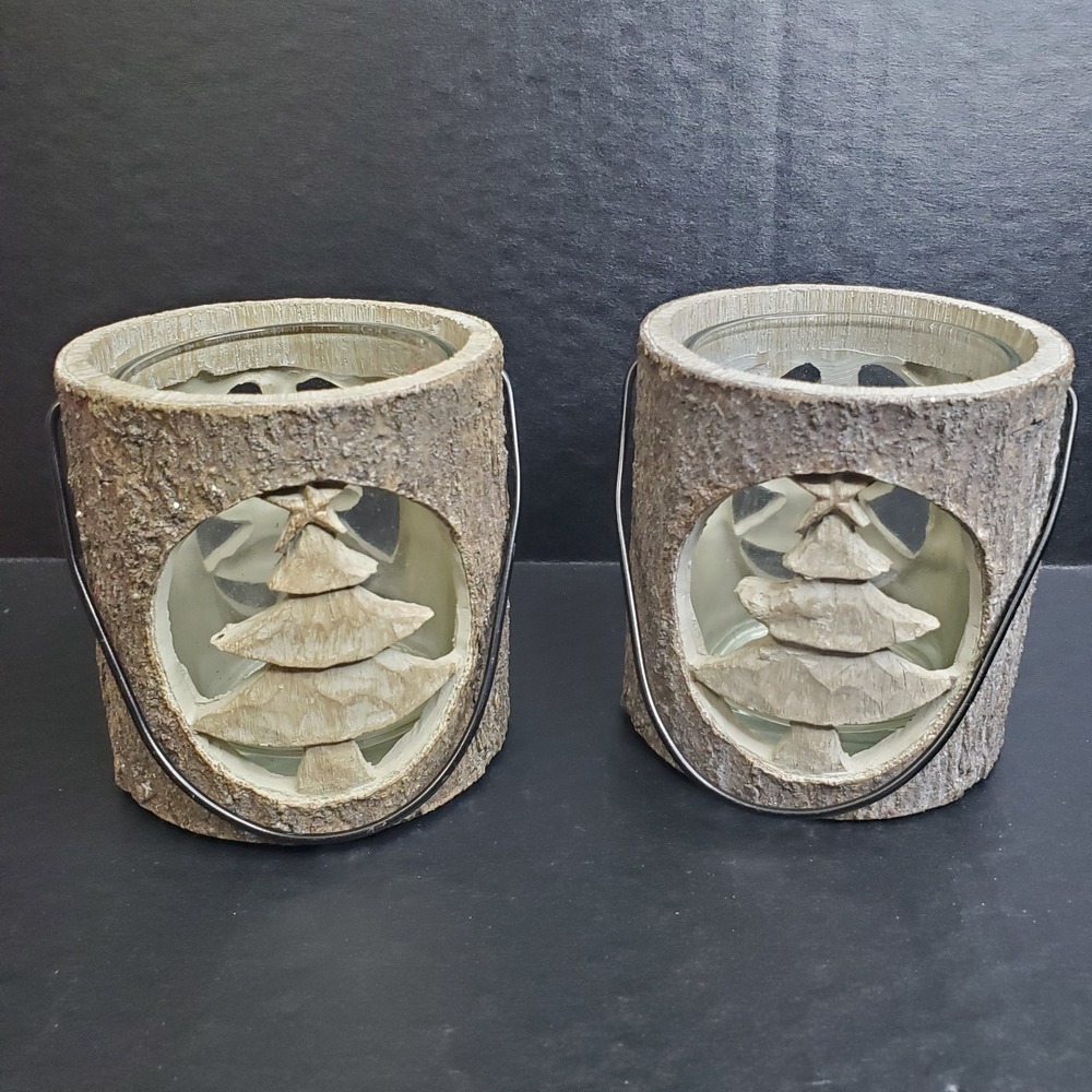 Rustic Votive Or Small Pilar Candle Holder Set Of 2, Faux Wood With Tree Cutout